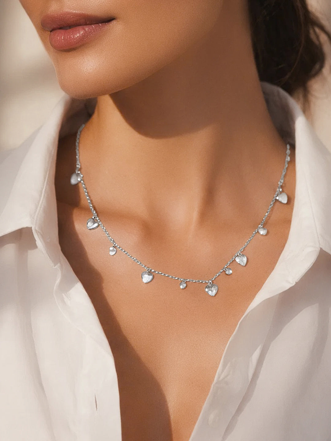 925 Fine Silver Mini Heart Crystal Charm Necklace Length-21 cm : Width-0.5 cm