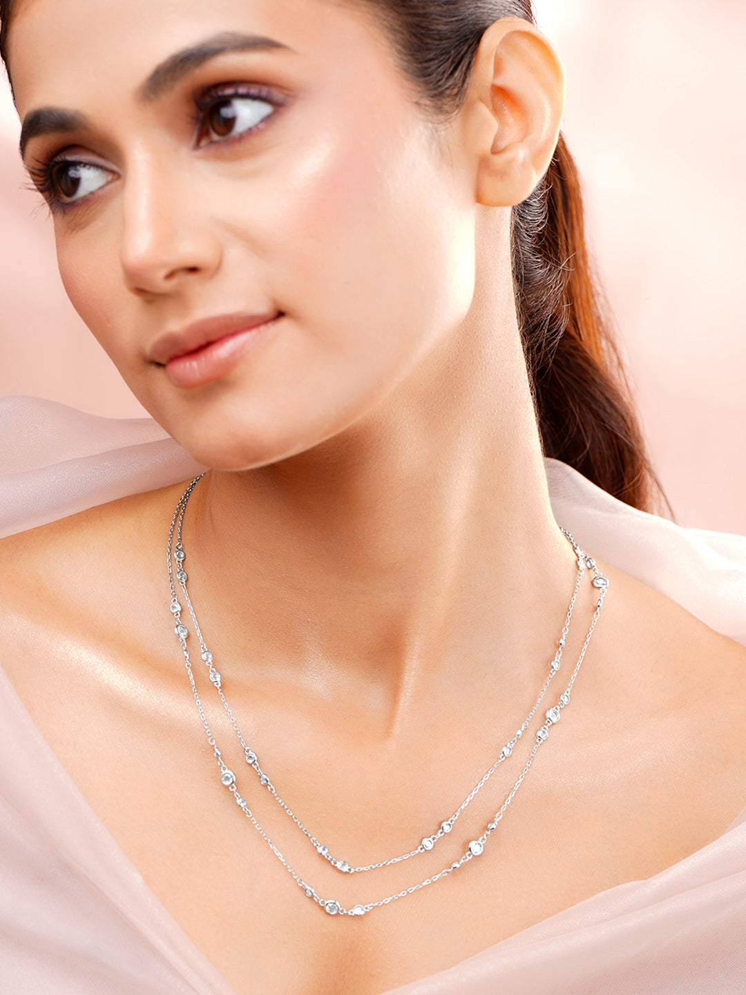 925 Fine Silver Dual Layer Crystal Necklace Length-39 cm : Width-0.8 cm