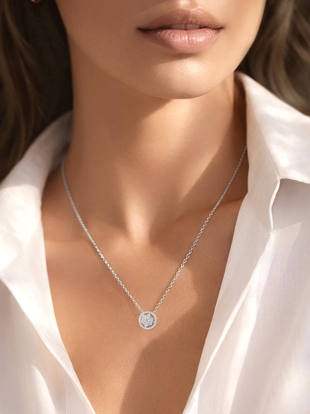 925 Fine Silver Bloom Diamond Pendant Necklace Length-22 cm : Width-1.5 cm