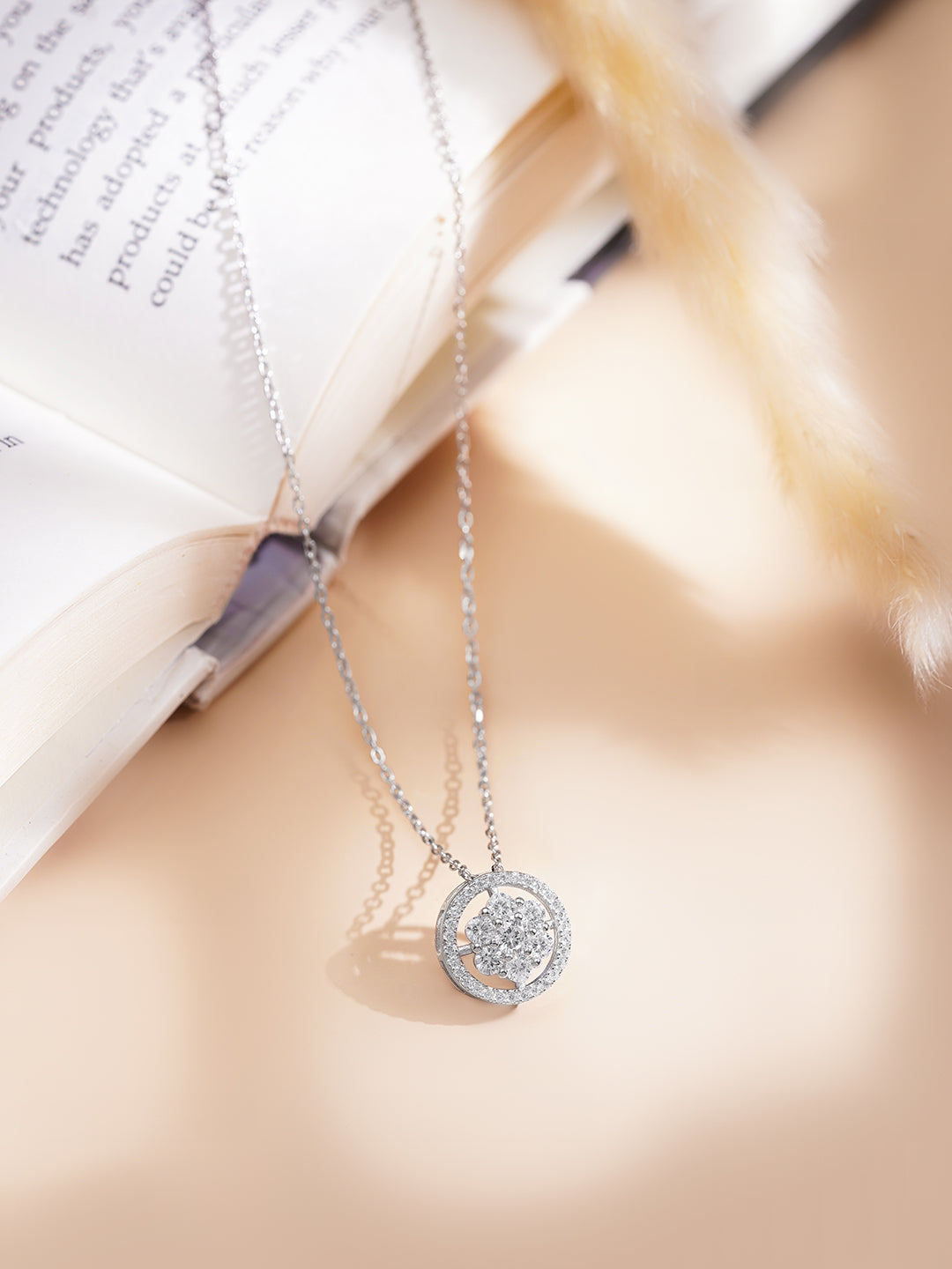 925 Fine Silver Bloom Diamond Pendant Necklace Length-22 cm : Width-1.5 cm