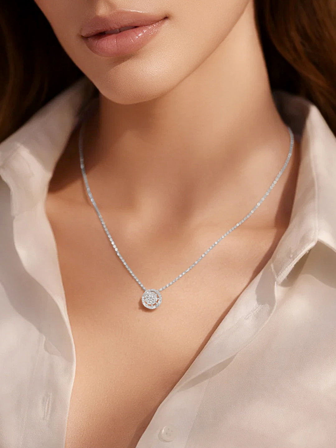 925 Fine Silver Crystal Halo Solitare Pendant Necklace Length-20 cm : Width-1 cm