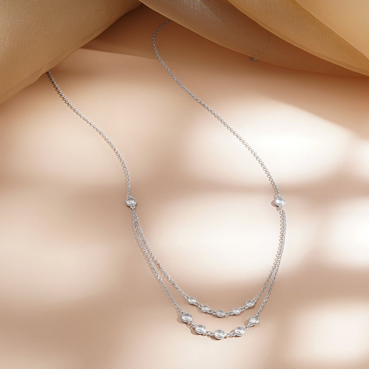 925 Fine Silver Crystal Layered Chain Necklace Length-33 cm. : Width-0.5 cm