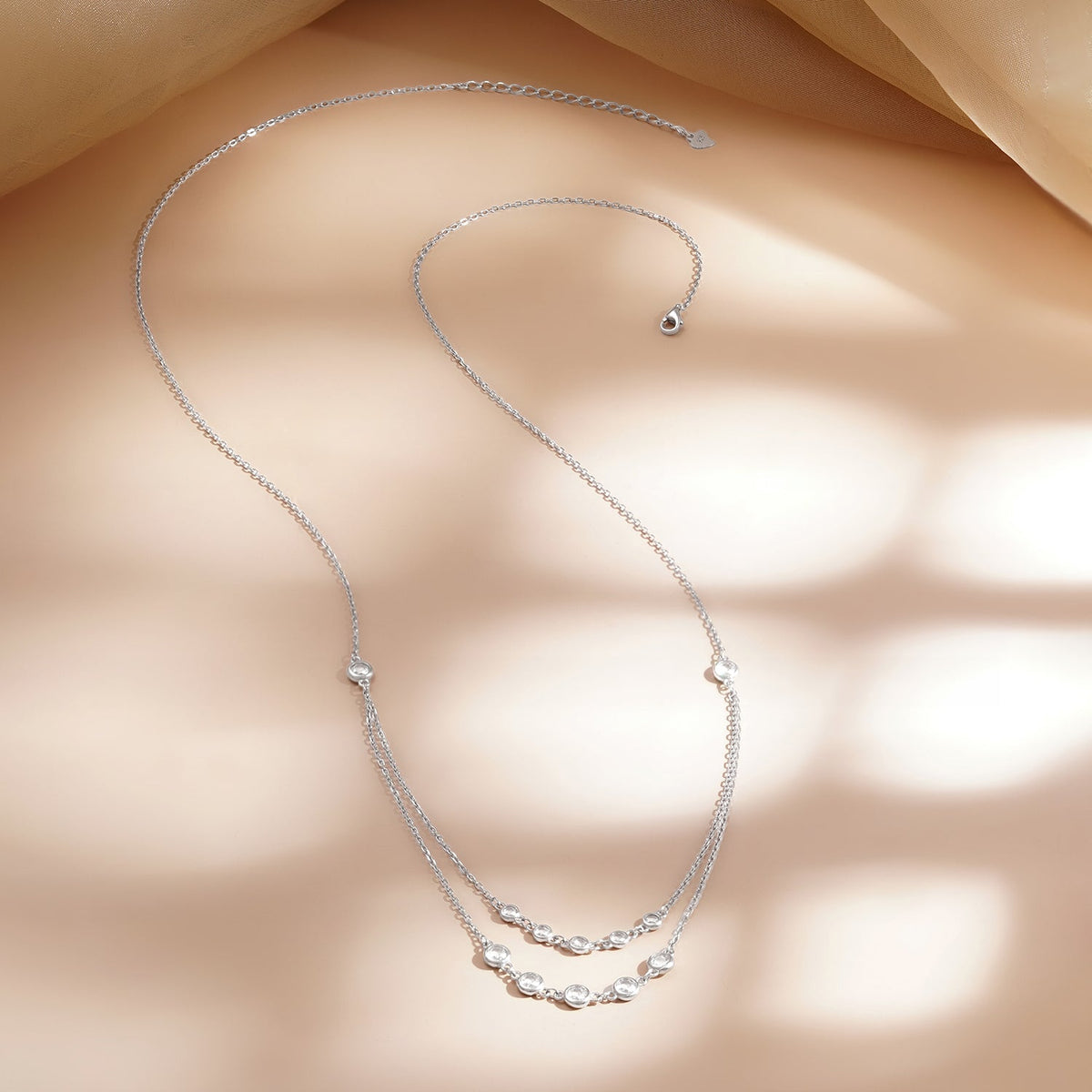 925 Fine Silver Crystal Layered Chain Necklace Length-33 cm. : Width-0.5 cm