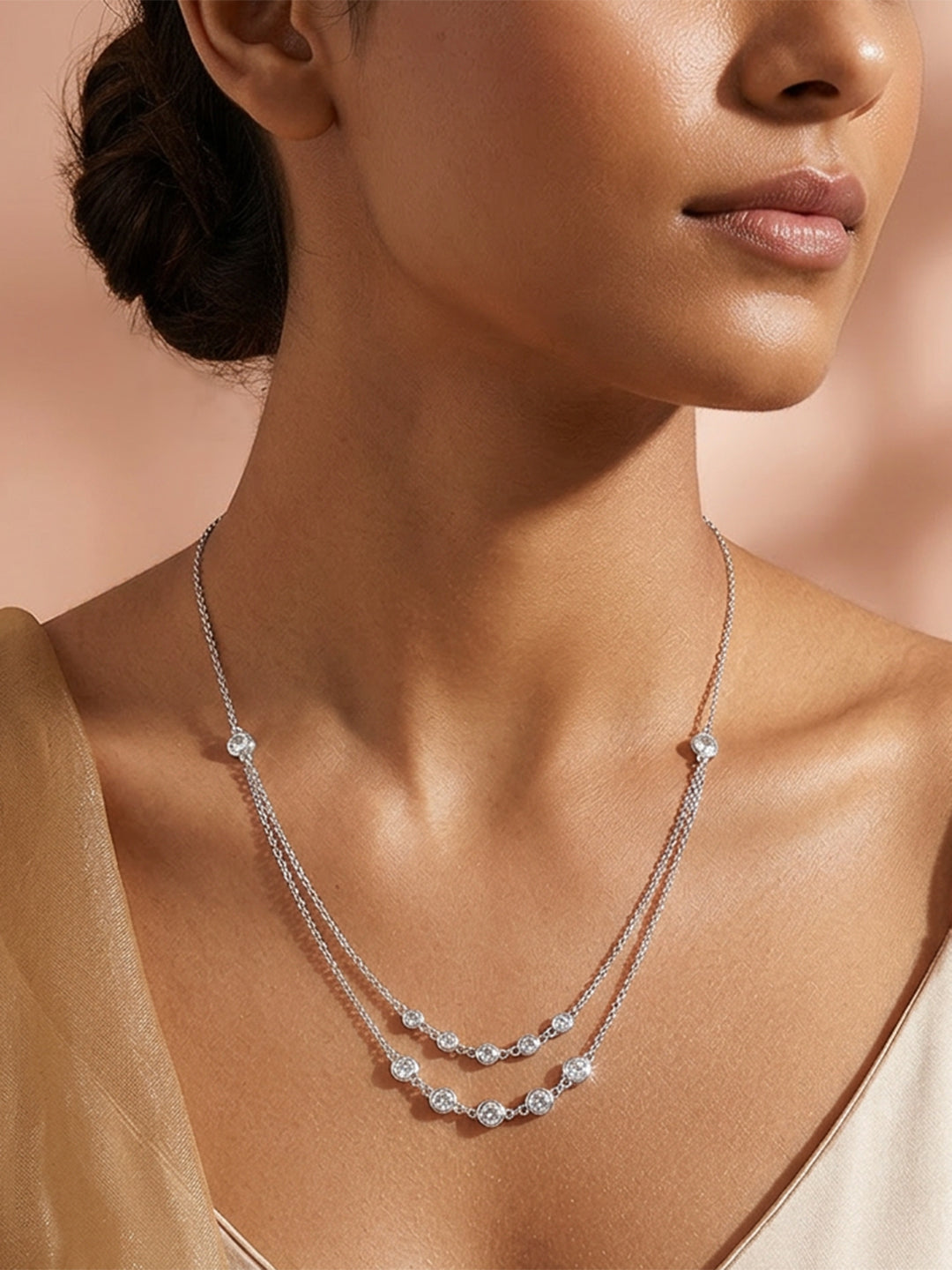 925 Fine Silver Crystal Layered Chain Necklace Length-33 cm. : Width-0.5 cm