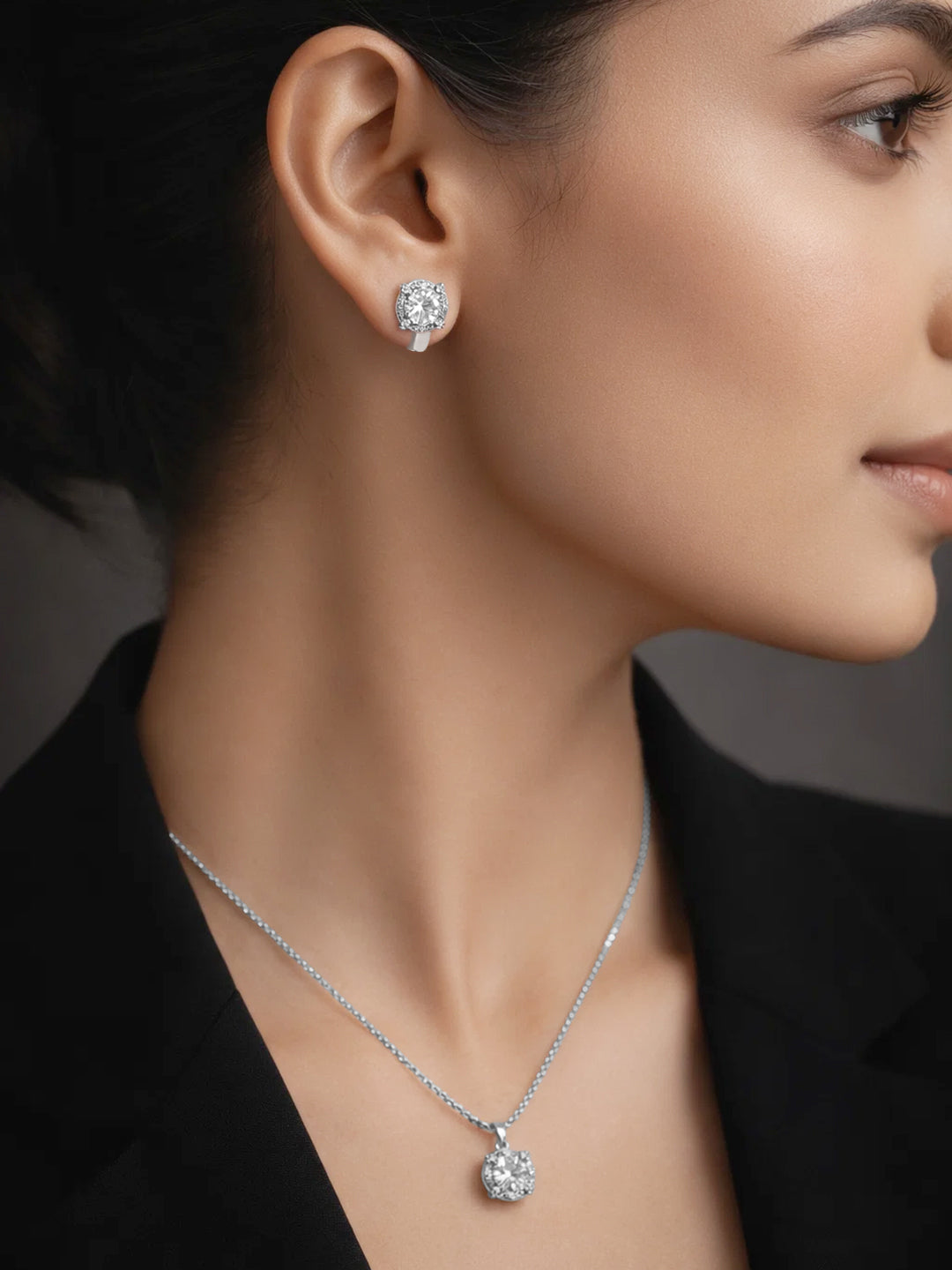 925 Fine Silver American Diamond Solitaire Pendant Necklace Set フリーサイズ