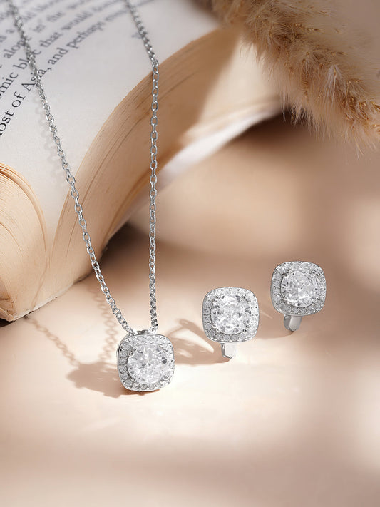 925 Fine Silver American Diamond Solitaire Pendant Necklace Set フリーサイズ