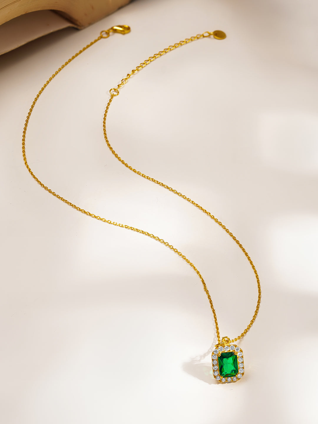 925 Fine Silver Emerald Halo Diamond Pendant Necklace Length-22 cm : Width-1 cm