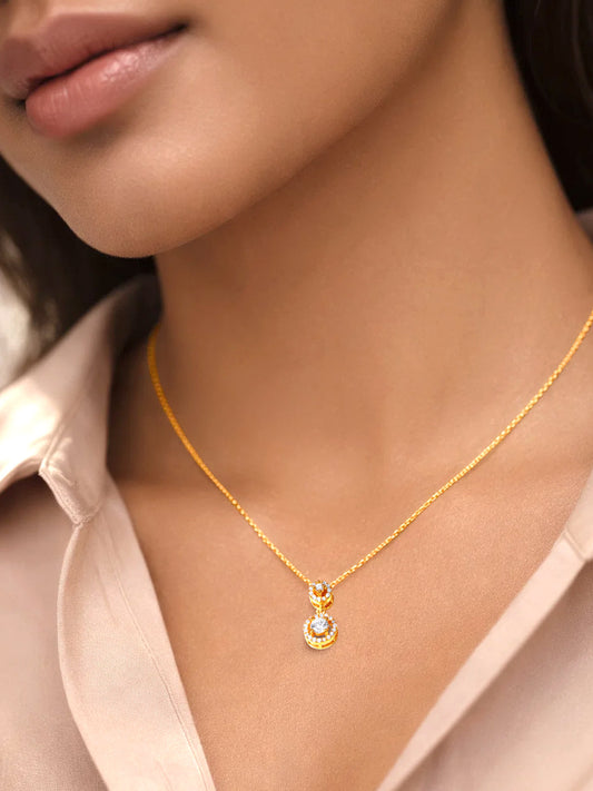 925 Fine Silver Double Halo Diamond Pendant Necklace Length-20 cm : Width-1 cm