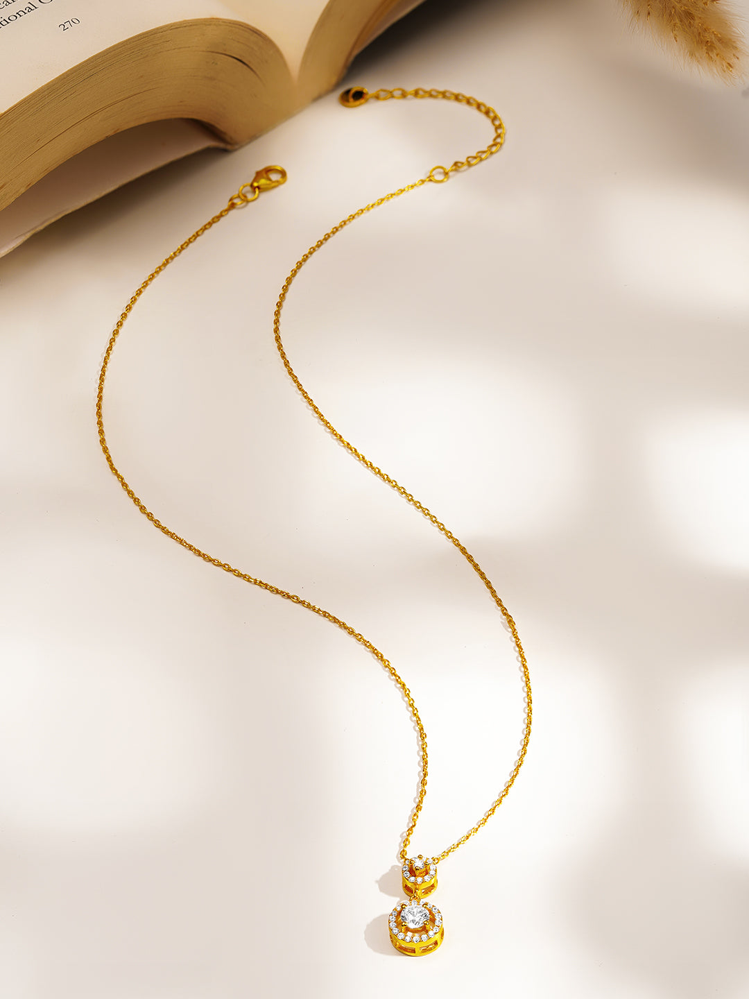 925 Fine Silver Double Halo Diamond Pendant Necklace Length-20 cm : Width-1 cm