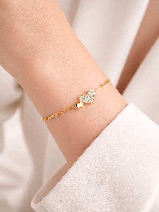 925 Fine Silver Double Heart Diamond Bracelet Length-15 cm : Width-1.5 cm