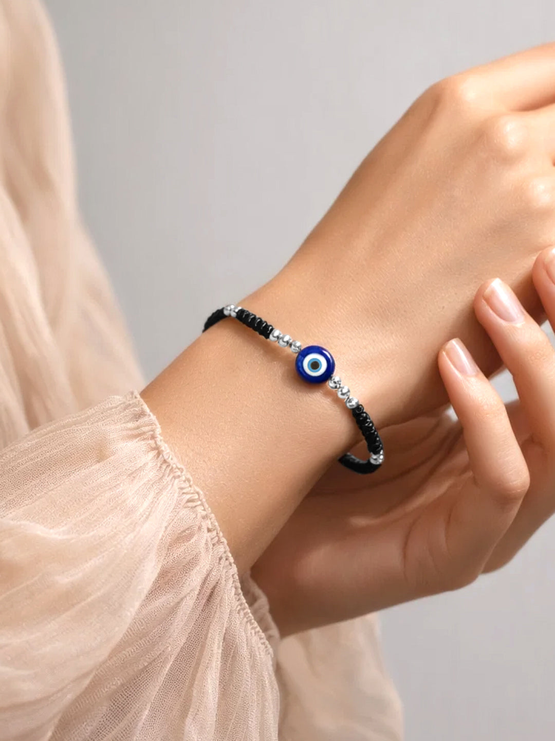 925 Fine Silver Evil Eye Adjustable Bracelet Length-15 cm : Width-0.7 cm