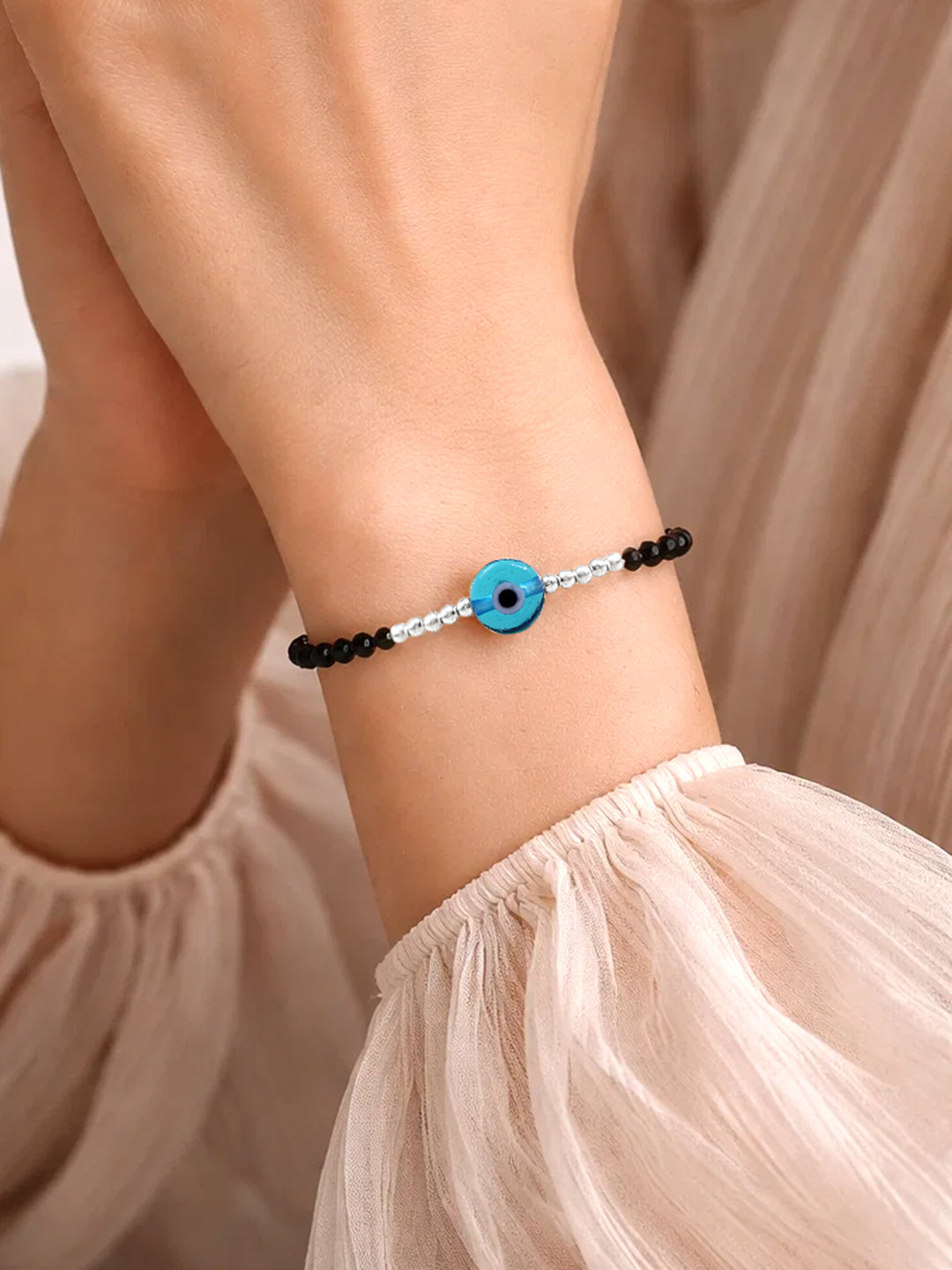 925 Fine Silver Evil Eye Beaded Bracelet Length-15 cm : Width-0.8 cm