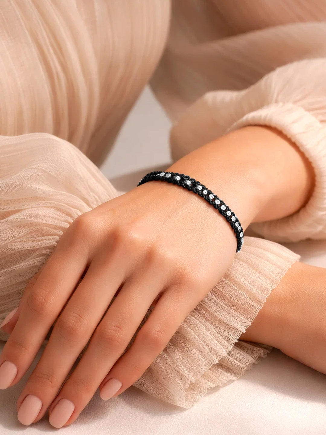 925 Fine Silver Beaded Cord Bracelet Length-15 cm : Width-0.5 cm