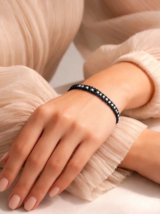 925 Fine Silver Beaded Cord Bracelet Length-15 cm : Width-0.5 cm