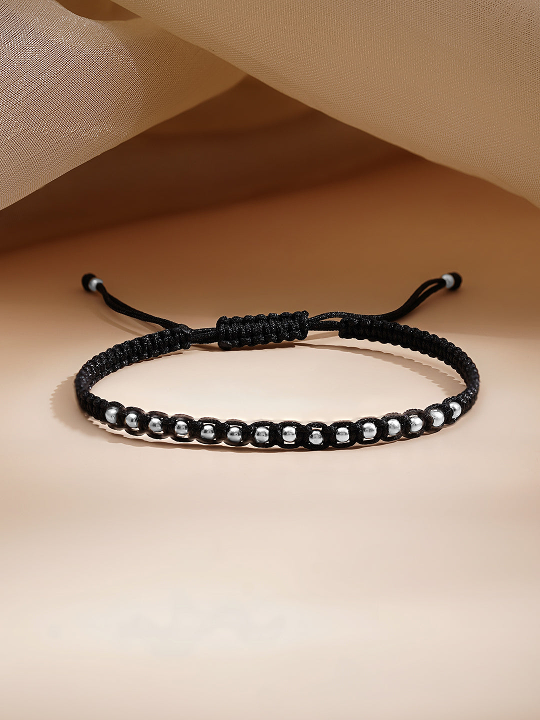925 Fine Silver Beaded Cord Bracelet Length-15 cm : Width-0.5 cm