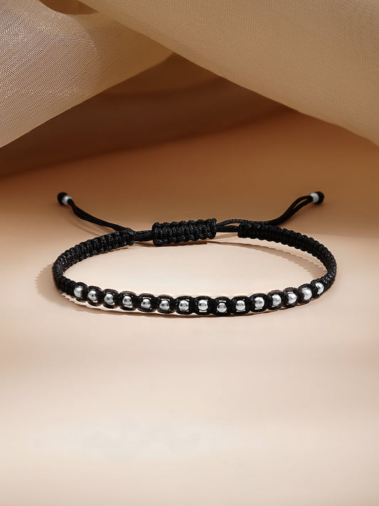 925 Fine Silver Beaded Cord Bracelet Length-15 cm : Width-0.5 cm