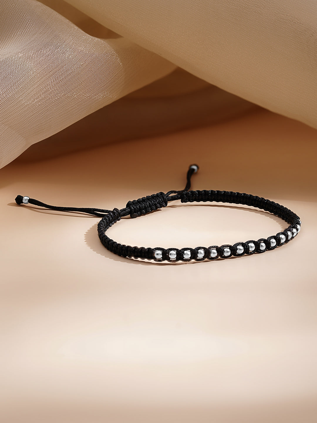 925 Fine Silver Beaded Cord Bracelet Length-15 cm : Width-0.5 cm