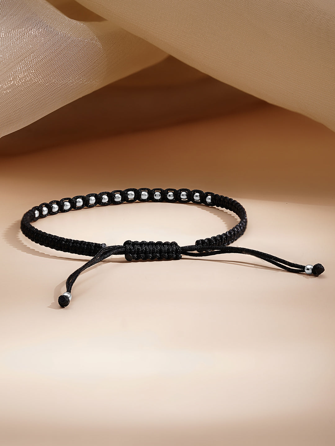925 Fine Silver Beaded Cord Bracelet Length-15 cm : Width-0.5 cm