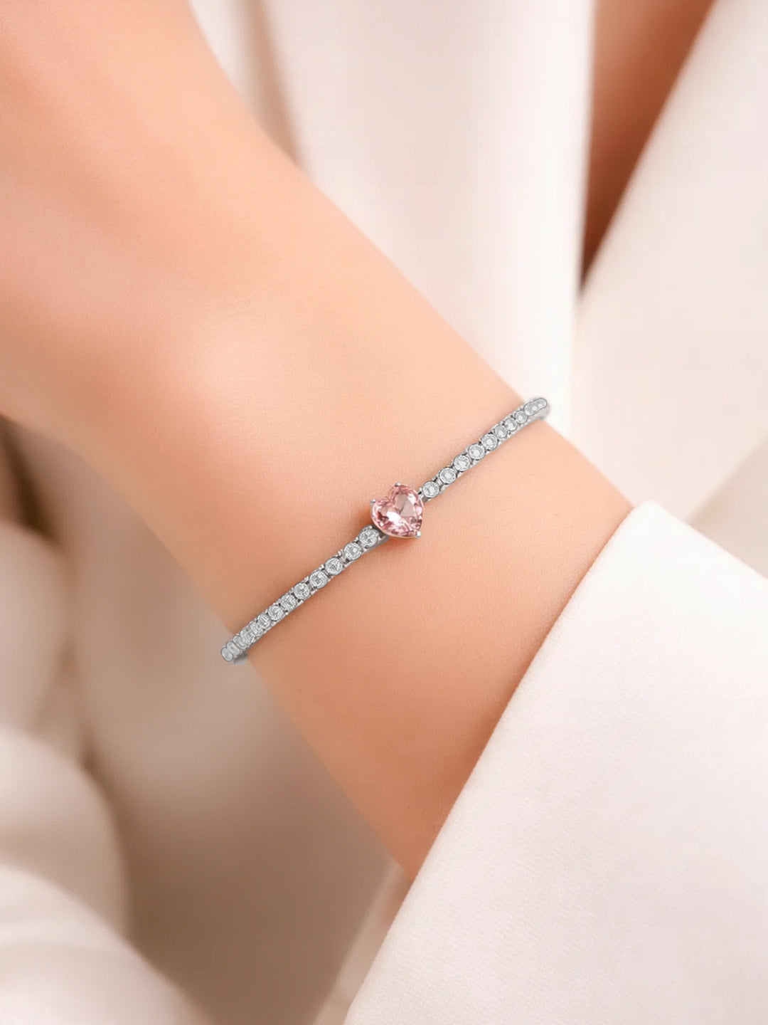 925 Fine Silver Crystal Love Heart Bracelet Length-17 cm : Width-0.5 cm