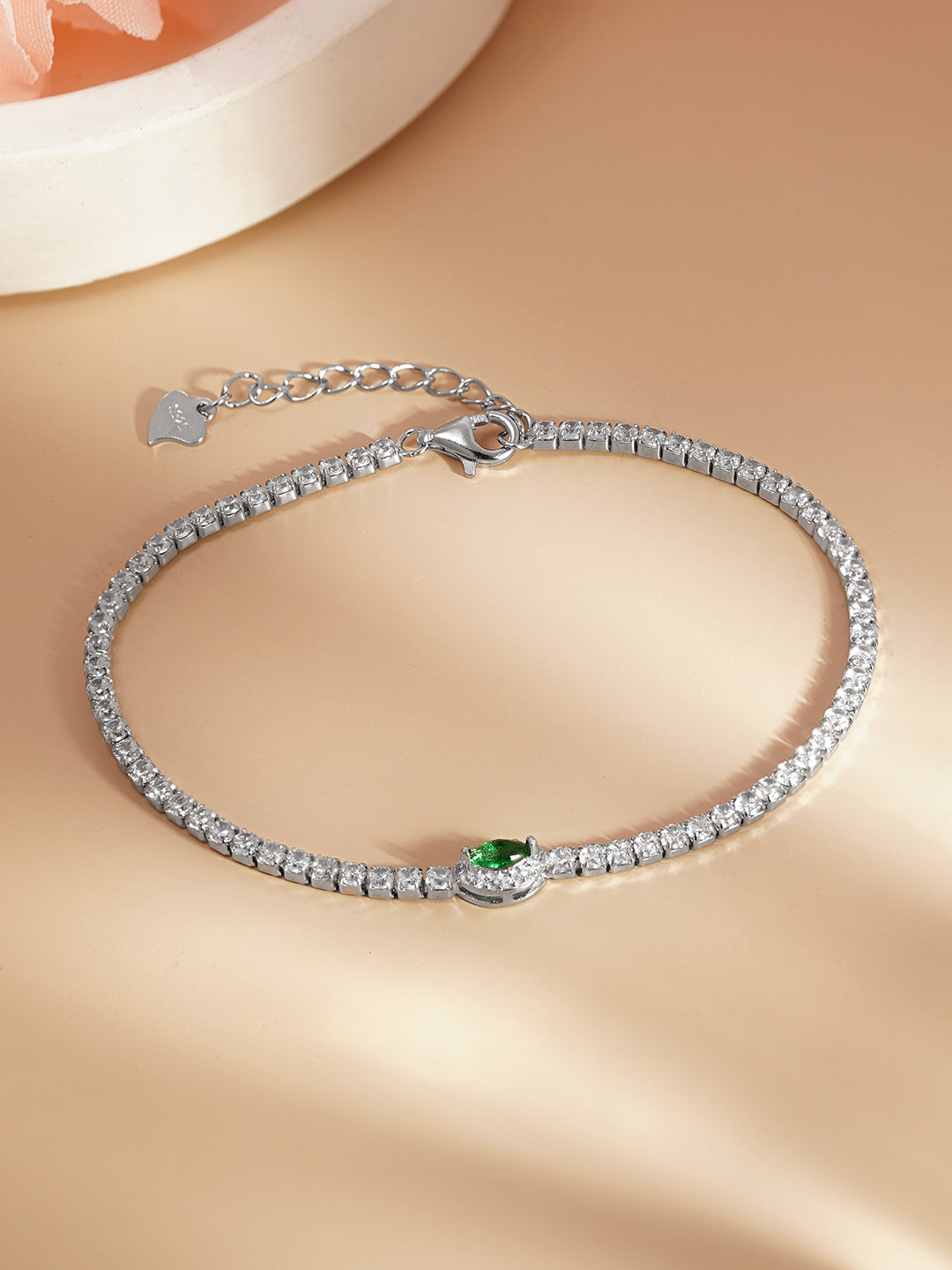 925 Fine Silver Emerald Charm Bracelet Length-17 cm : Width-0.7 cm