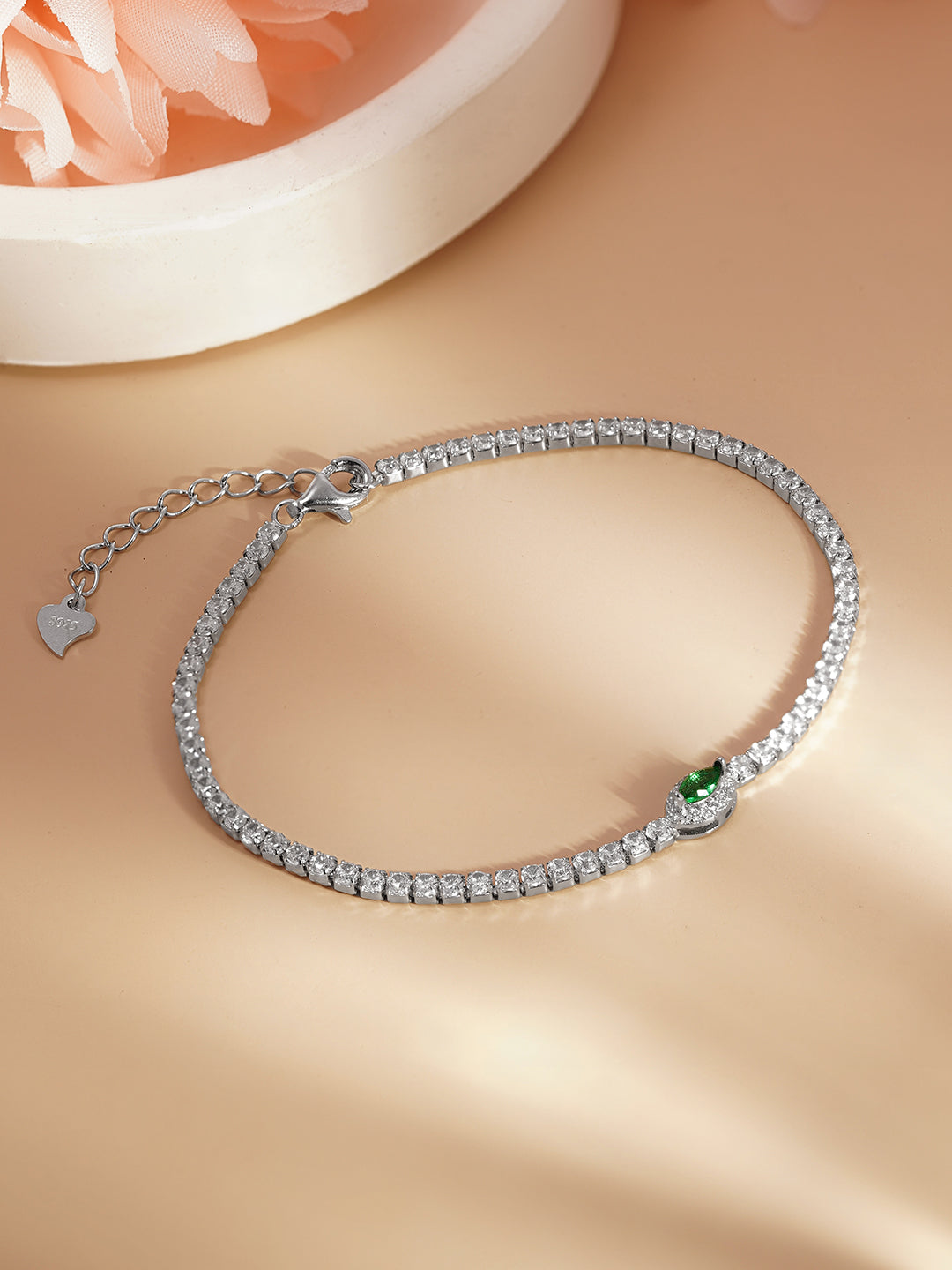 925 Fine Silver Emerald Charm Bracelet Length-17 cm : Width-0.7 cm