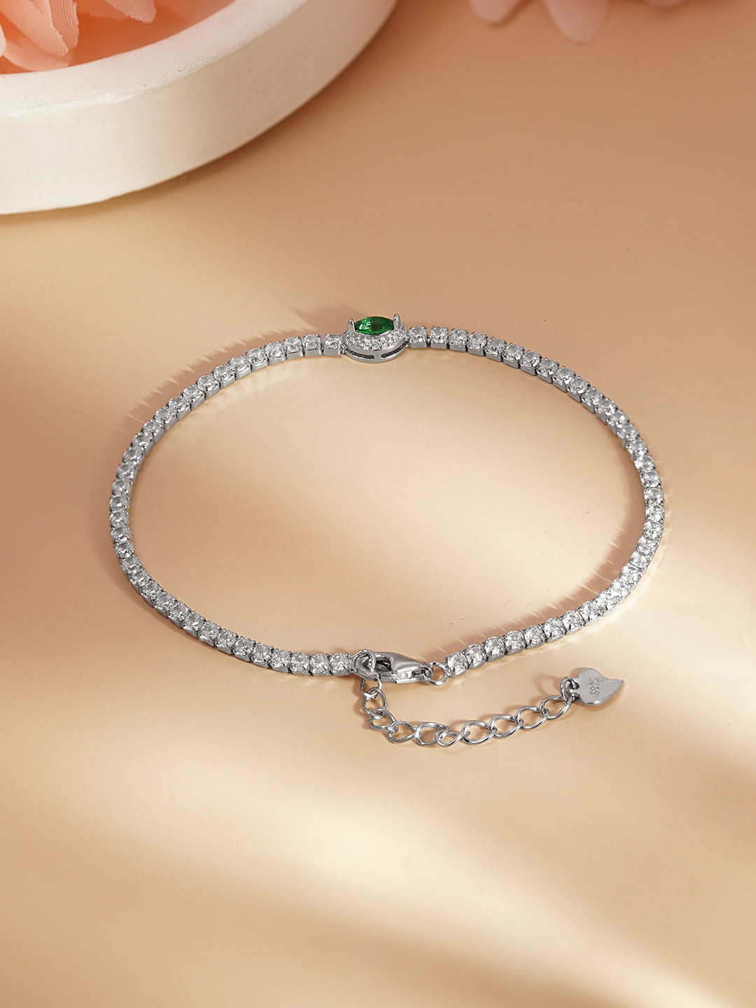925 Fine Silver Emerald Charm Bracelet Length-17 cm : Width-0.7 cm