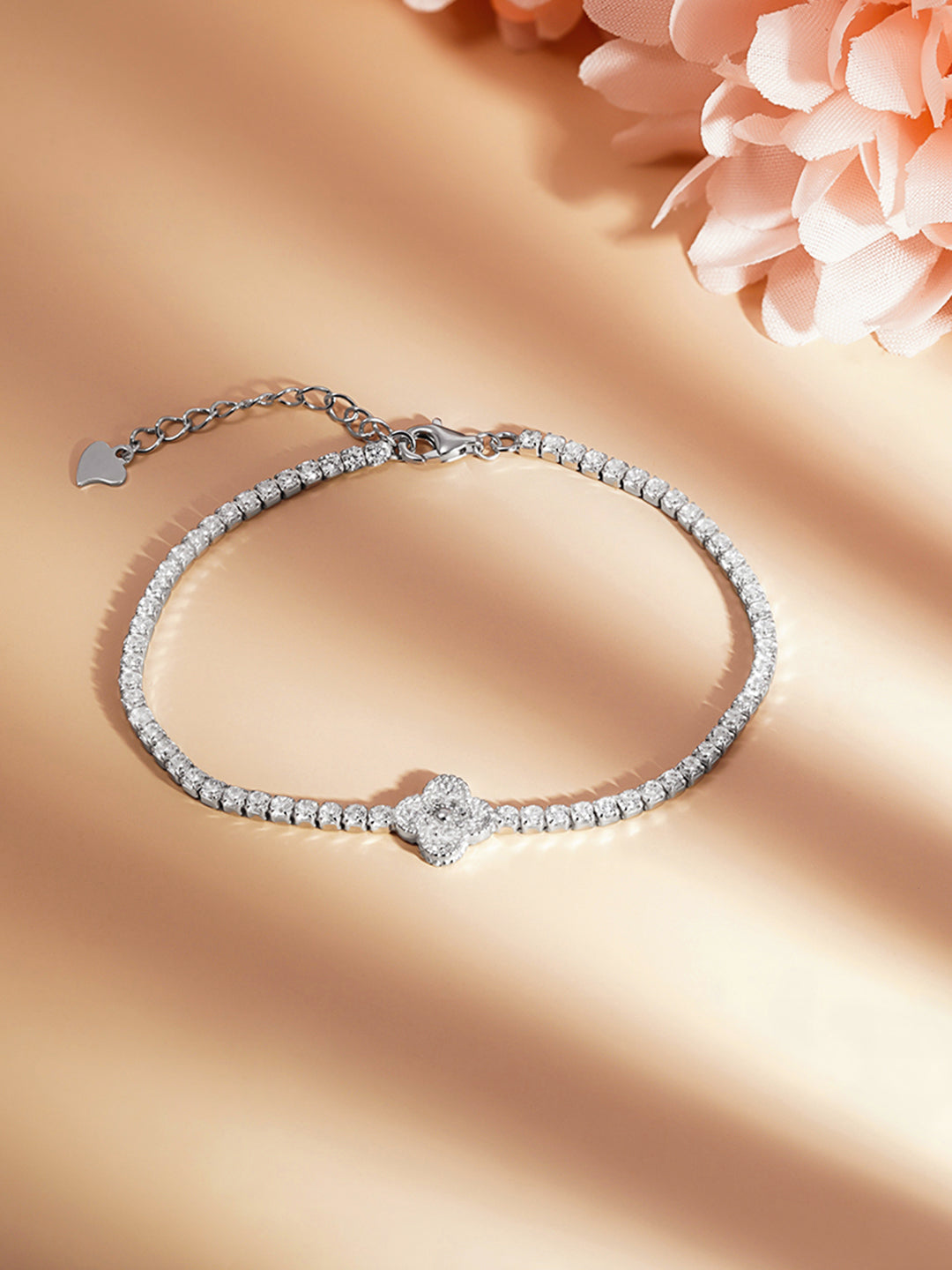 925 Fine Silver Diamond Clover Spark Bracelet Length-17 cm : Width-1 cm