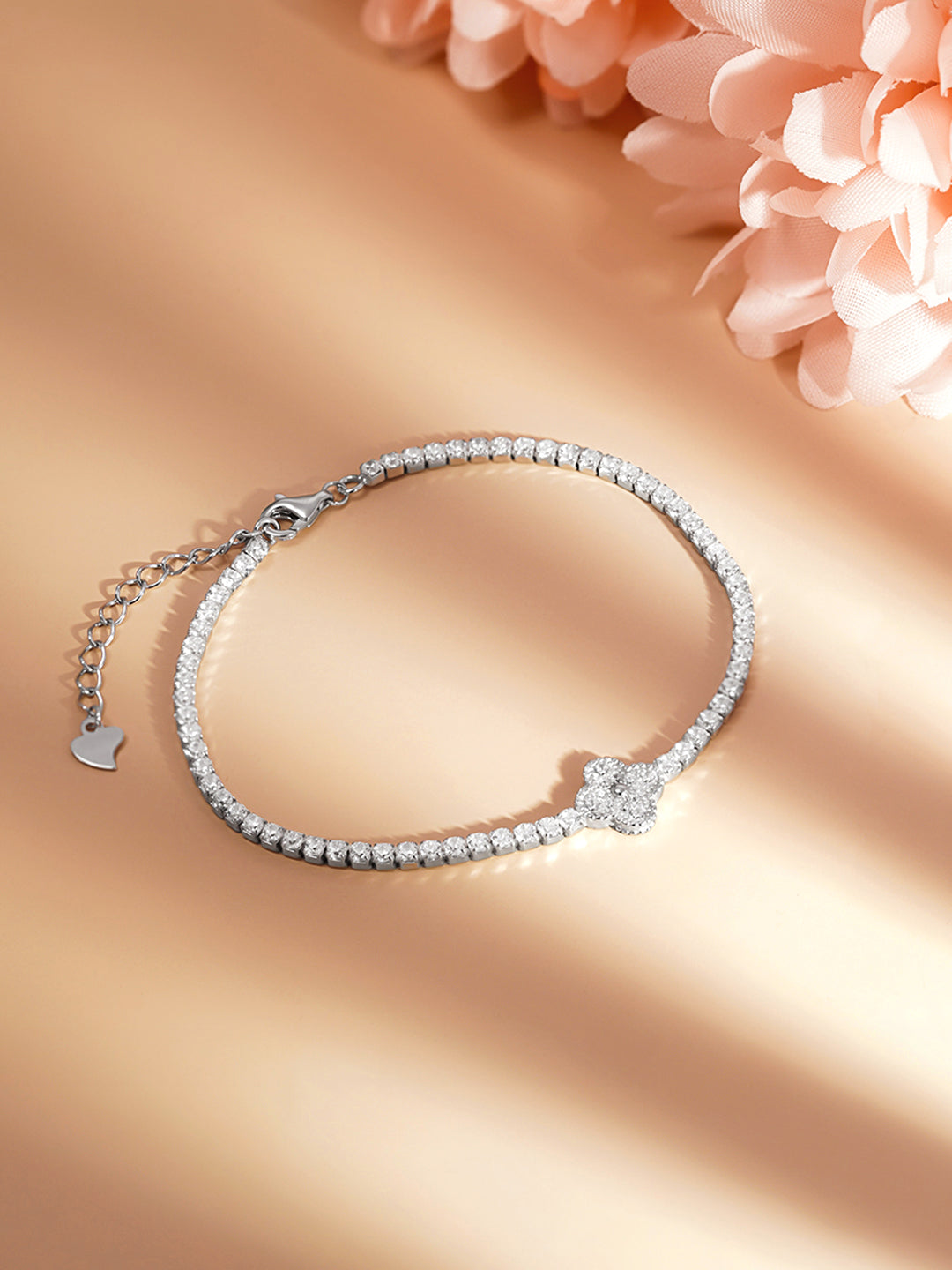 925 Fine Silver Diamond Clover Spark Bracelet Length-17 cm : Width-1 cm