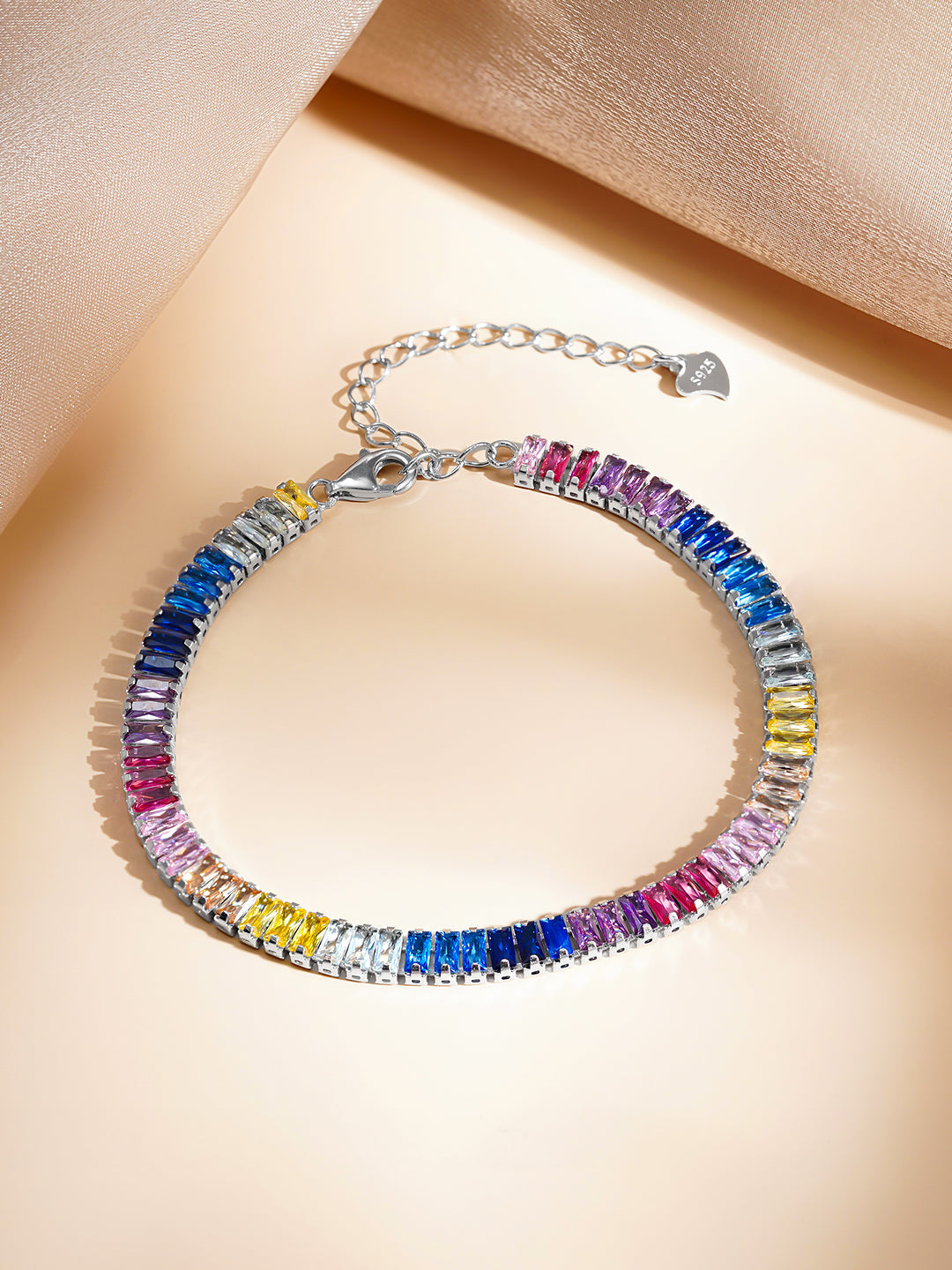 925 Fine Silver Multicolor Crystal Tennis Bracelet Length-17 cm : Width-0.5 cm
