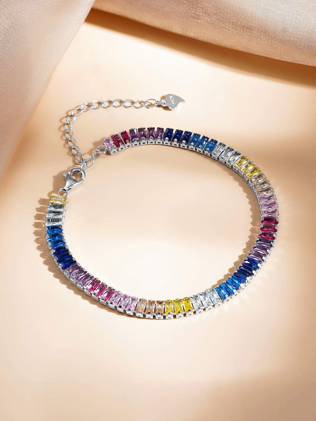 925 Fine Silver Multicolor Crystal Tennis Bracelet Length-17 cm : Width-0.5 cm