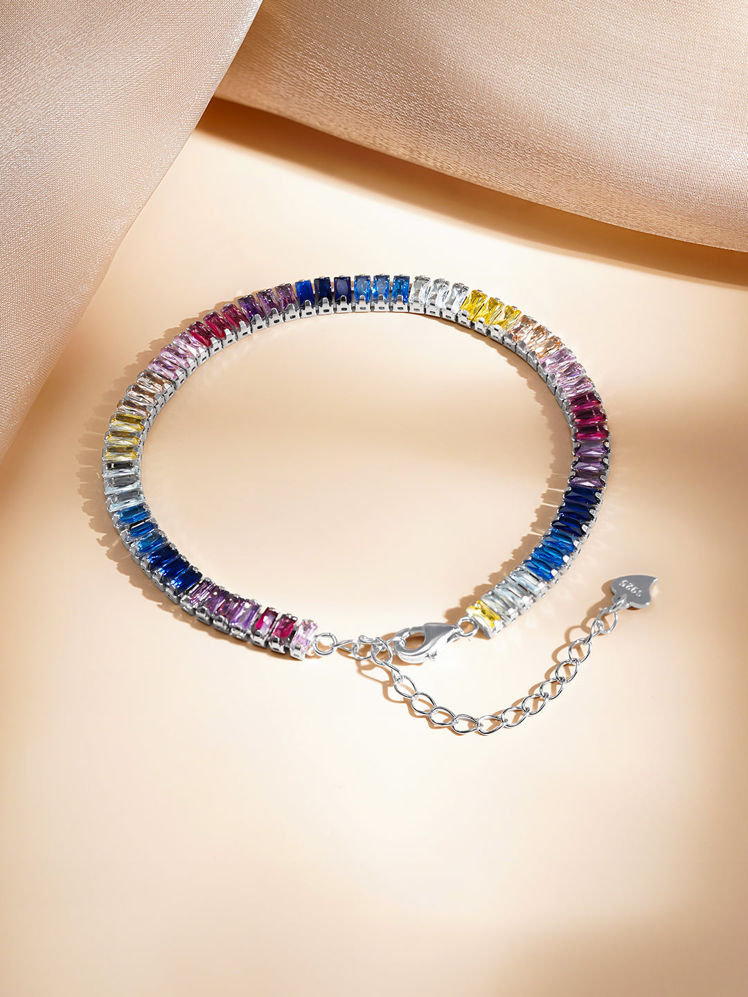 925 Fine Silver Multicolor Crystal Tennis Bracelet Length-17 cm : Width-0.5 cm
