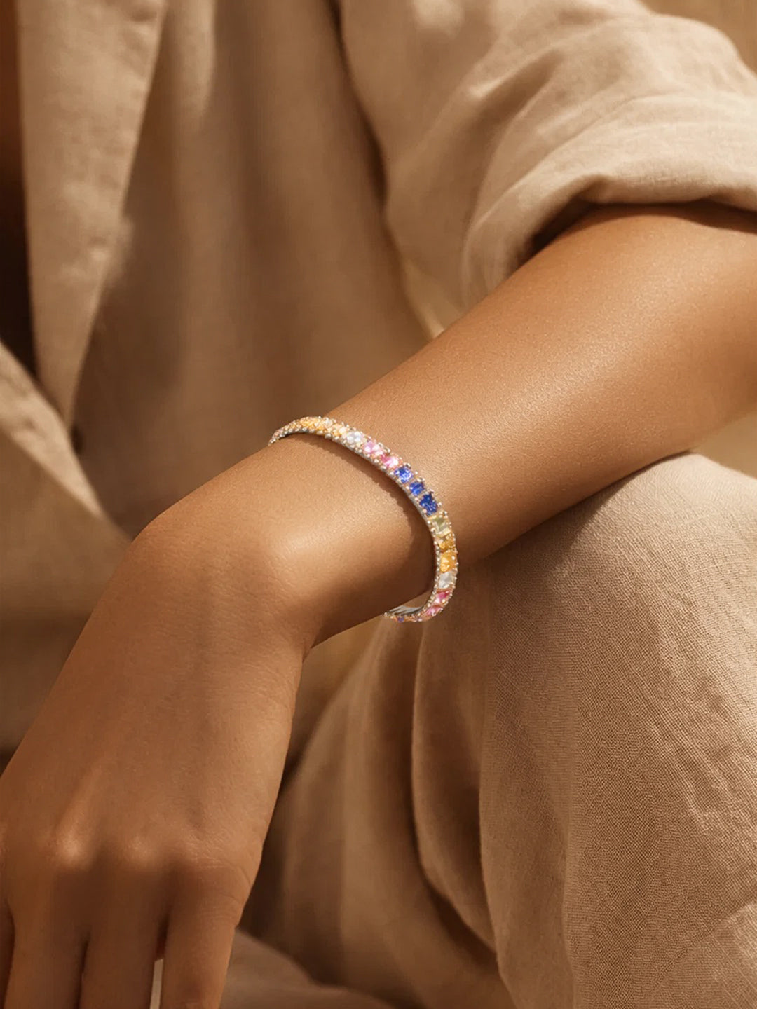 925 Fine Silver Multicolor Crystal Tennis Bracelet Length-17 cm : Width-0.5 cm
