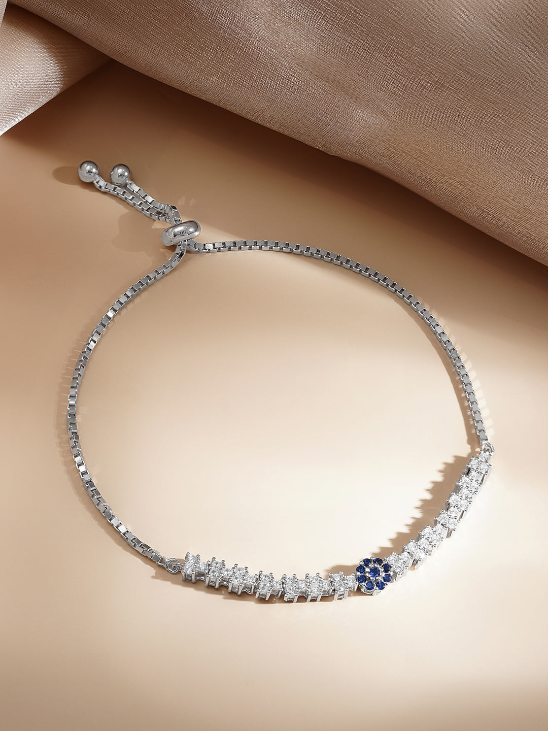 925 Fine Silver Blue Crystal Adjustable Bracelet フリーサイズ