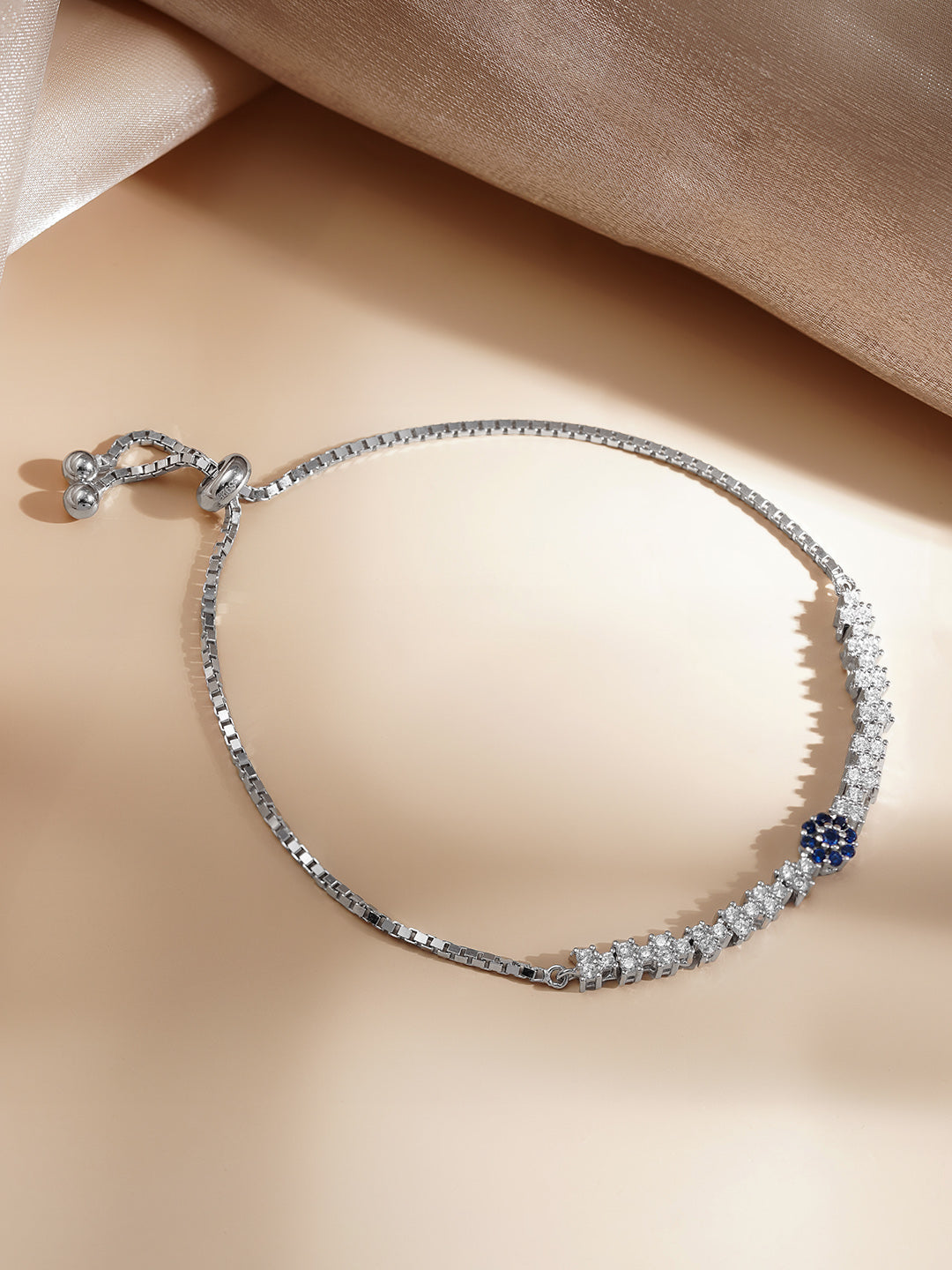 925 Fine Silver Blue Crystal Adjustable Bracelet フリーサイズ