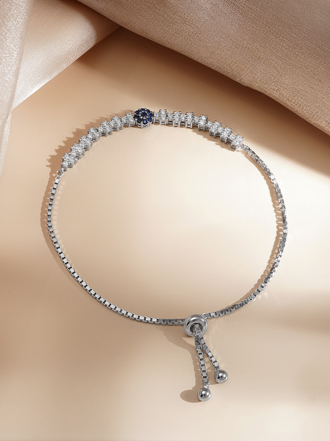 925 Fine Silver Blue Crystal Adjustable Bracelet フリーサイズ