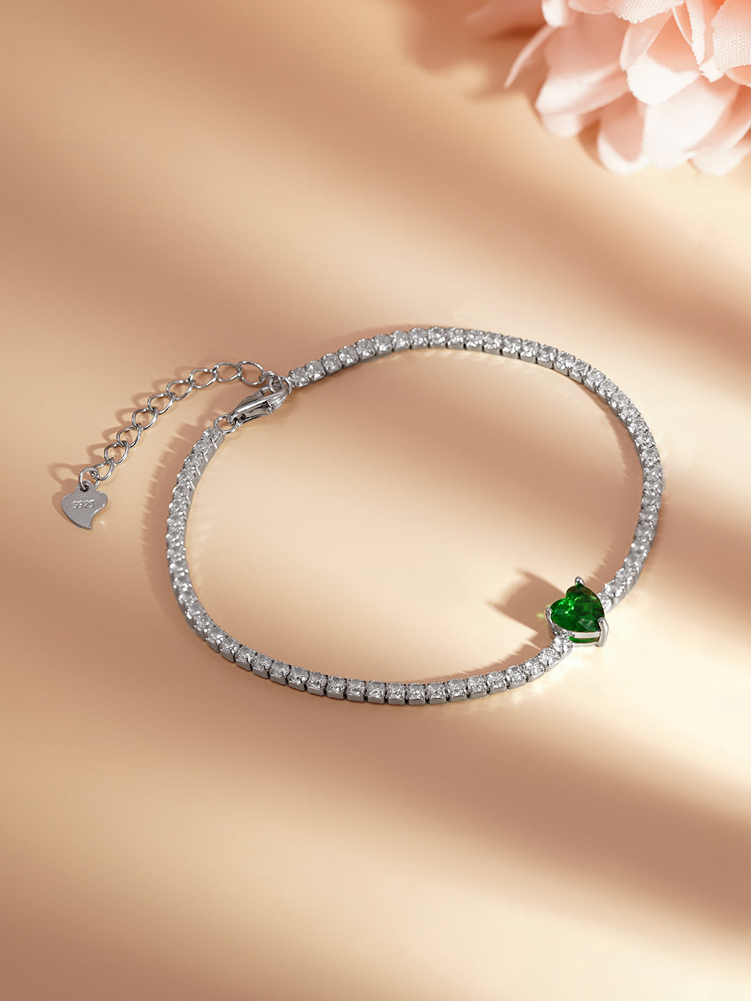 925 Fine Silver Emerald Heart Tennis Bracelet Length-17 cm : Width-0.5 cm