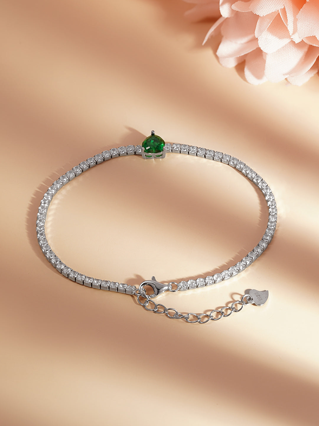 925 Fine Silver Emerald Heart Tennis Bracelet Length-17 cm : Width-0.5 cm