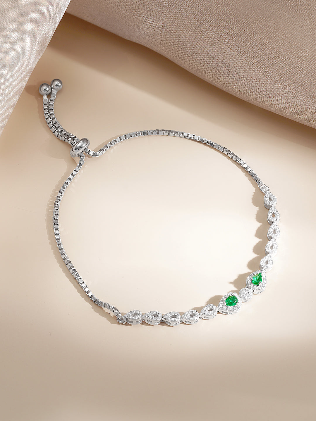 925 Fine Silver Emerald Charm Pull Bracelet フリーサイズ