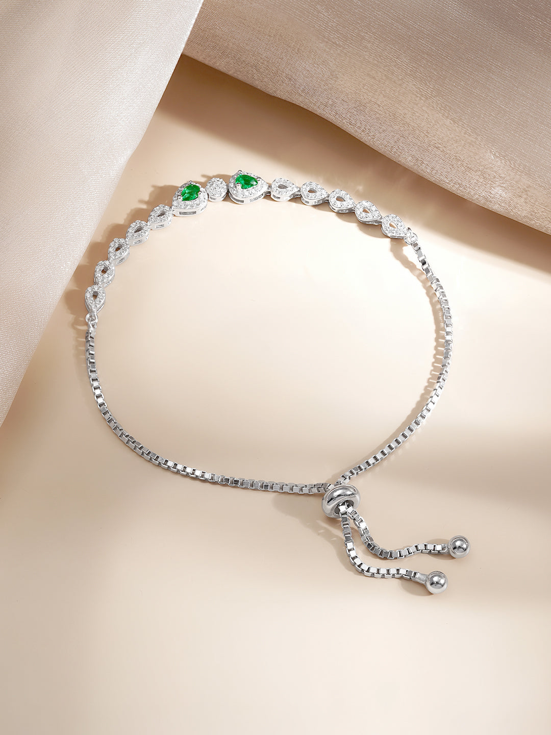 925 Fine Silver Emerald Charm Pull Bracelet フリーサイズ