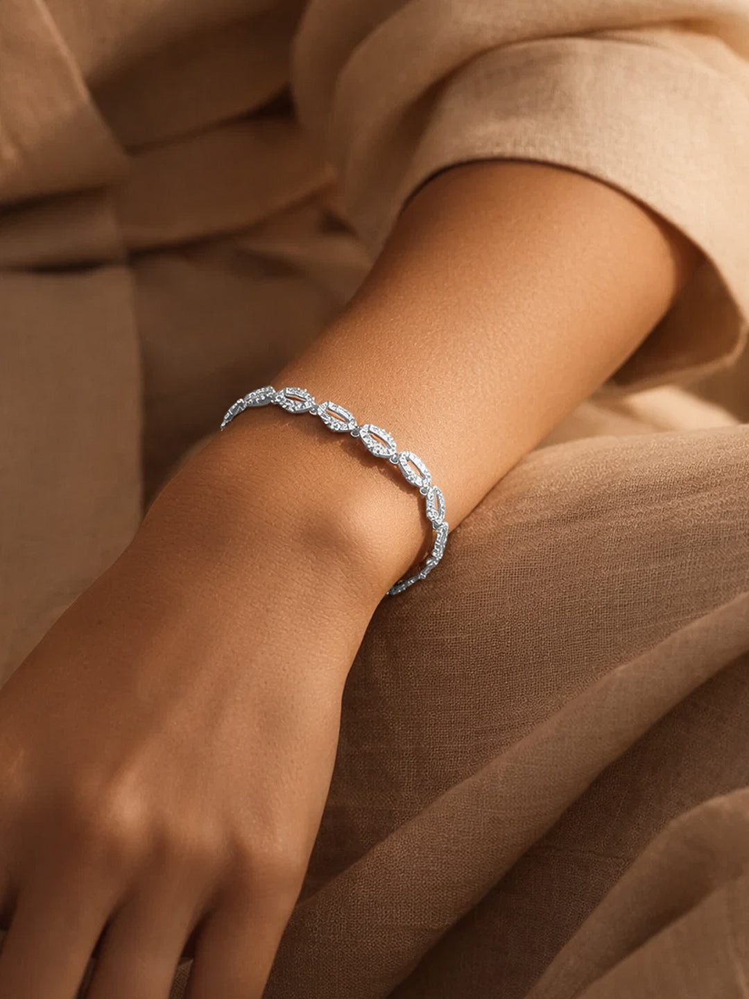 925 Fine Silver Zirconia Link Chain Adjustable Bracelet フリーサイズ