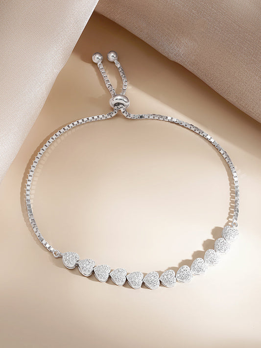 925 Fine Silver Crystal Heart Charm Adjustable Bracelet フリーサイズ