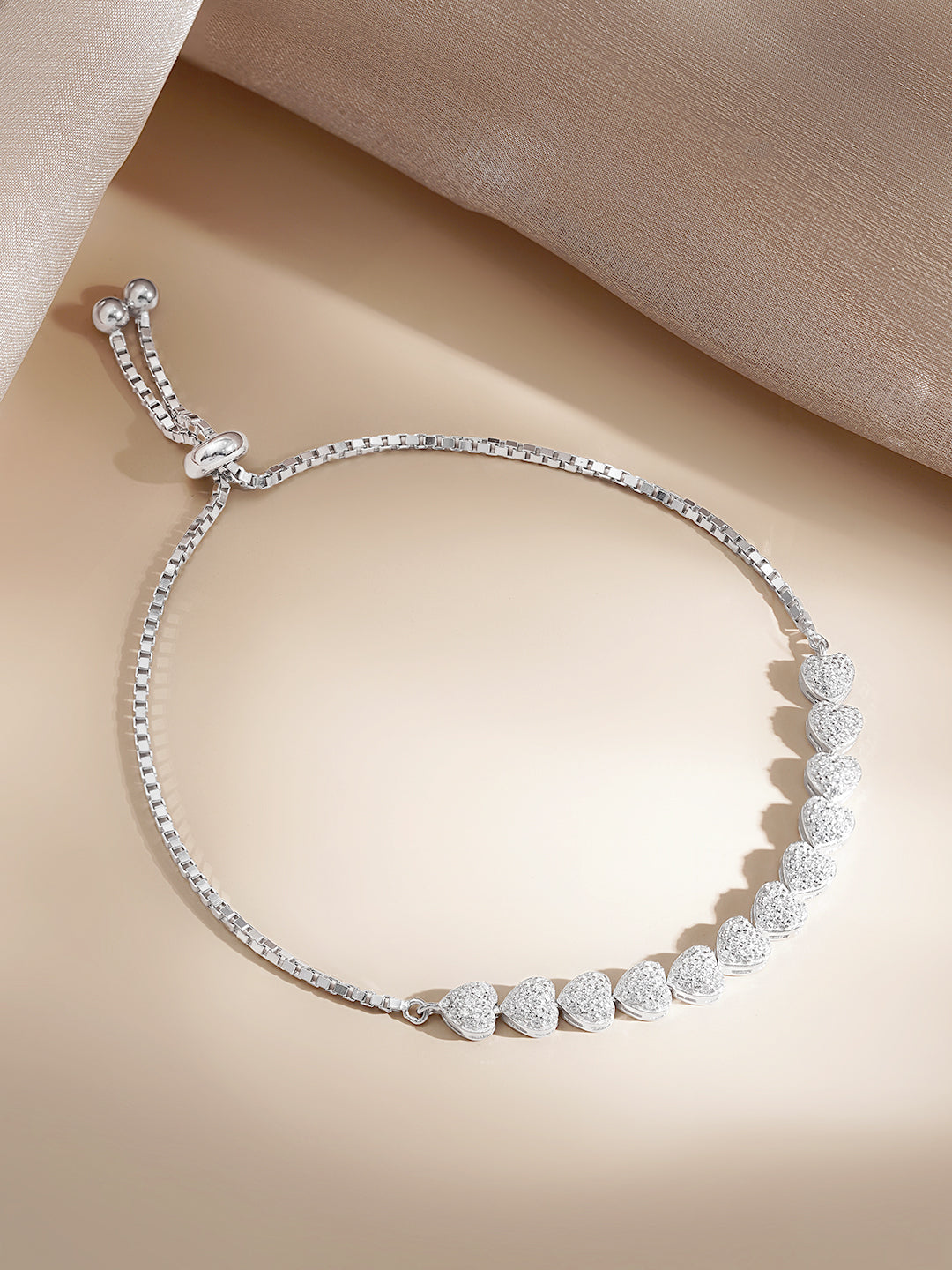 925 Fine Silver Crystal Heart Charm Adjustable Bracelet フリーサイズ