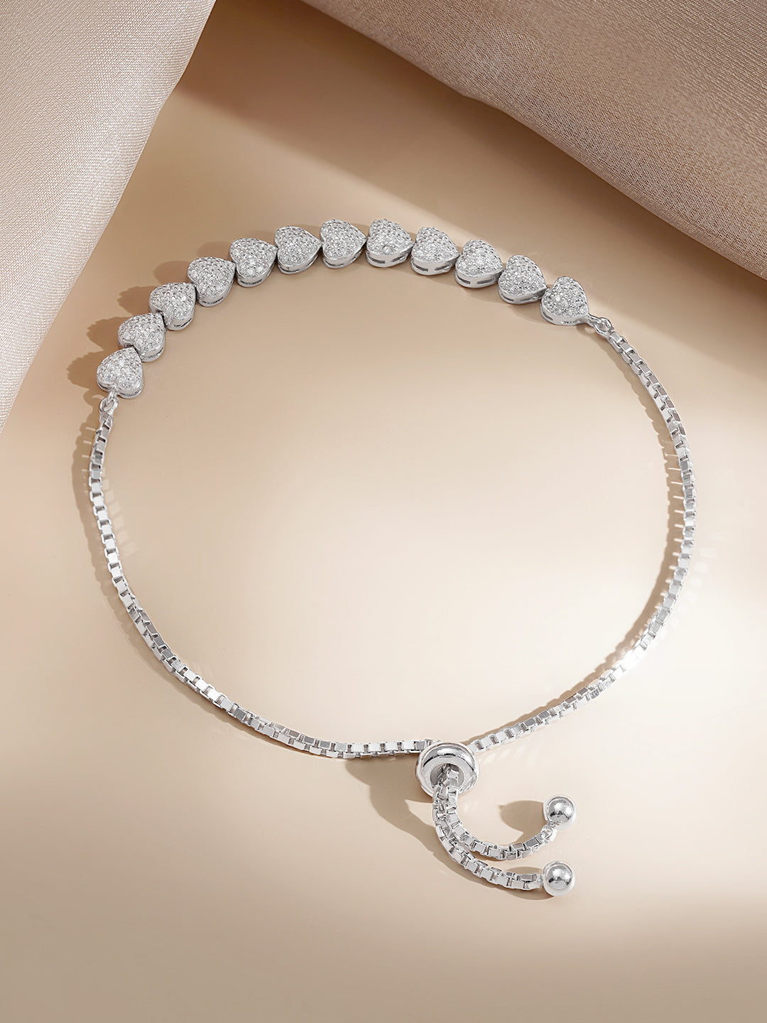925 Fine Silver Crystal Heart Charm Adjustable Bracelet フリーサイズ