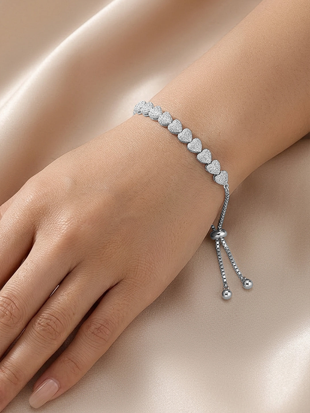 925 Fine Silver Crystal Heart Charm Adjustable Bracelet フリーサイズ
