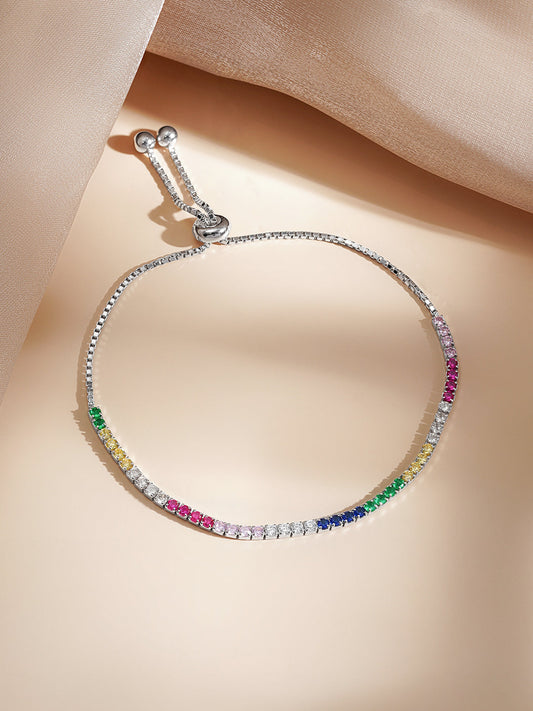 925 Fine Silver Multicolor Crystal Charm Bracelet フリーサイズ