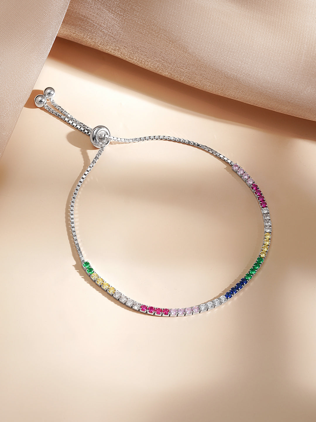 925 Fine Silver Multicolor Crystal Charm Bracelet フリーサイズ