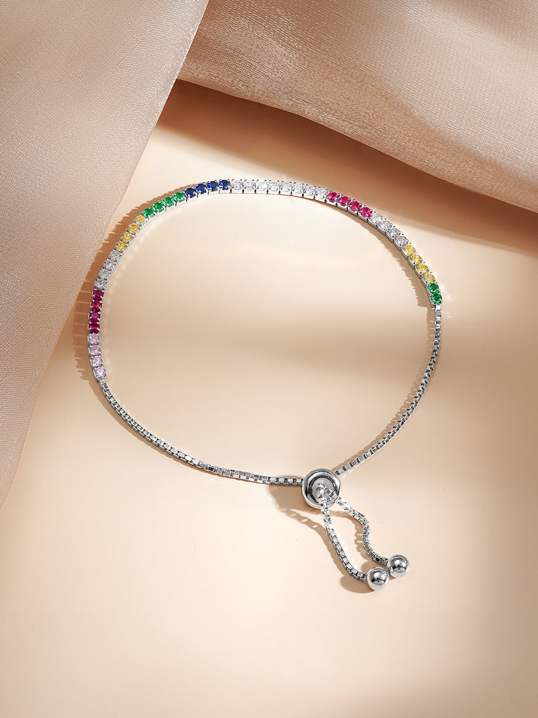 925 Fine Silver Multicolor Crystal Charm Bracelet フリーサイズ