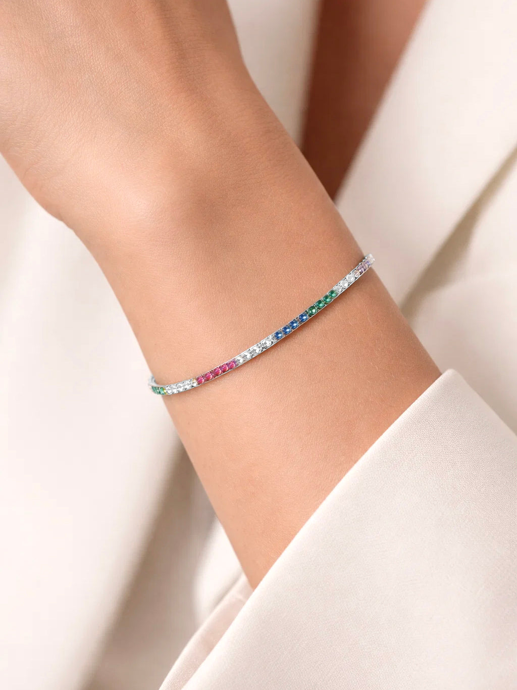925 Fine Silver Multicolor Crystal Charm Bracelet フリーサイズ