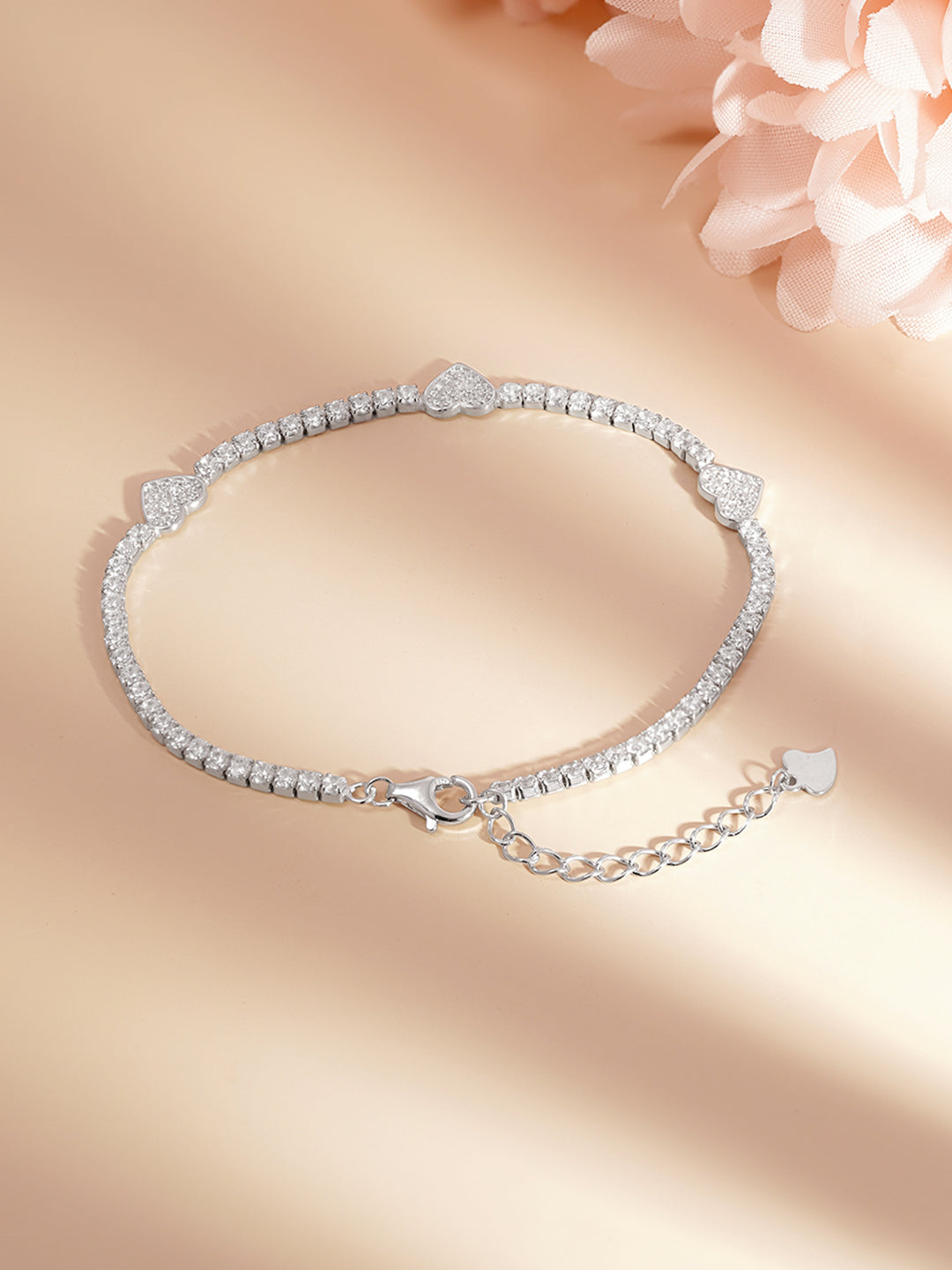 925 Fine Silver Sparkling Mini Heart Charm Bracelet Length-17 cm : Width-0.5 cm