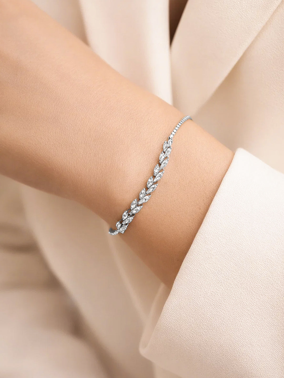 925 Fine  Silver Crystal Leaf Vine Chain Bracelet フリーサイズ